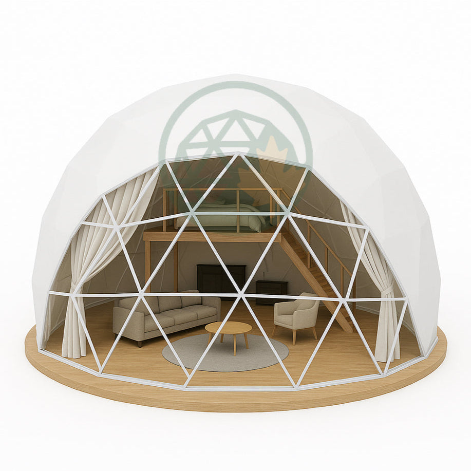 Geometric dome structure with a wooden base on a white background