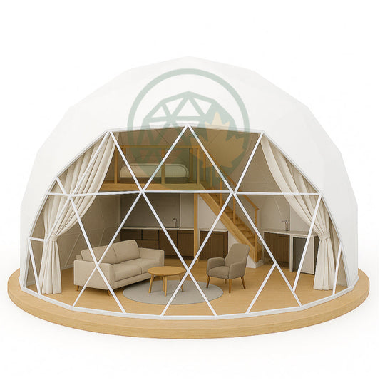 Geodesic dome structure with interior furniture on a white background
