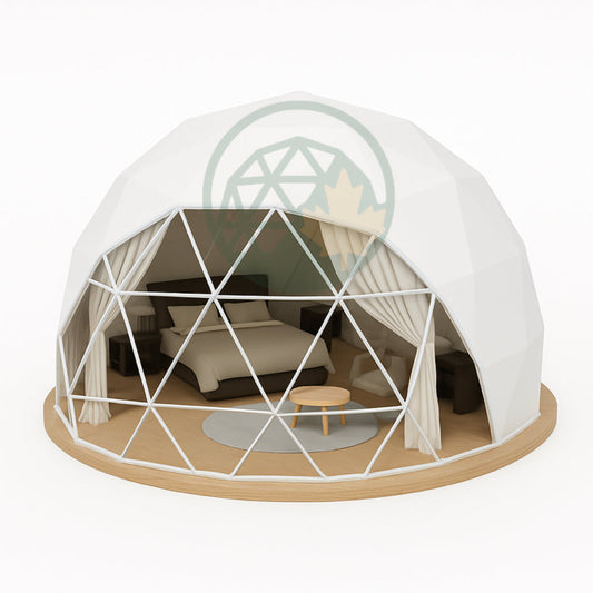 Geodesic dome structure with interior furniture on a white background