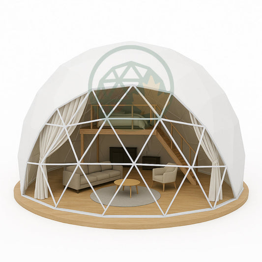 Geometric dome structure with a wooden base on a white background
