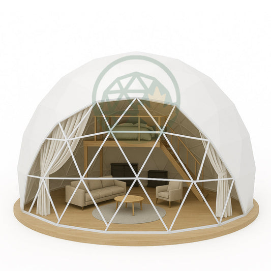 Geodesic dome structure with interior furniture on a white background