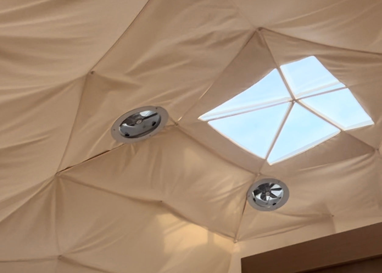 Geodesic glamping dome solar fan